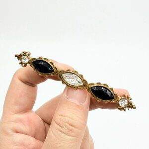 Vintage Gold Tone Black and Clear Rhinestone Victorian Style collar Long bar pin